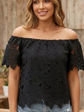 Dizzy Lizzy Black Floral Lace Off The Shoulder Top Size Small